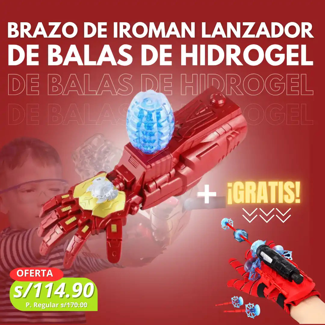 BRAZO HIDROGEL DE IROMAN + LANZADOR DE SPIDERMAN ¡GRATIS!